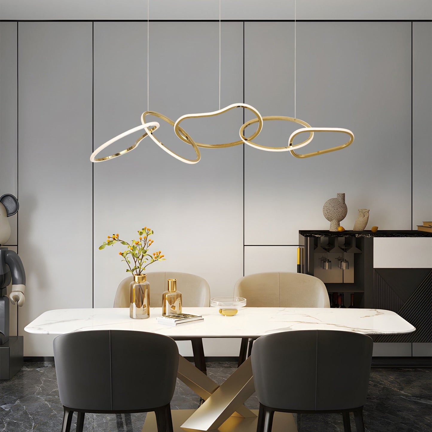 Lustre LED de luxe nordique en acier inoxydable à motifs entrelacés, idéal pour une salle à manger ou un plafond.