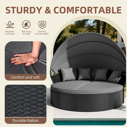 Ensemble de canapé-lit sectionnel rond en osier noir pour patio Nuon 4 pièces avec auvent rétractable par Havenside Home