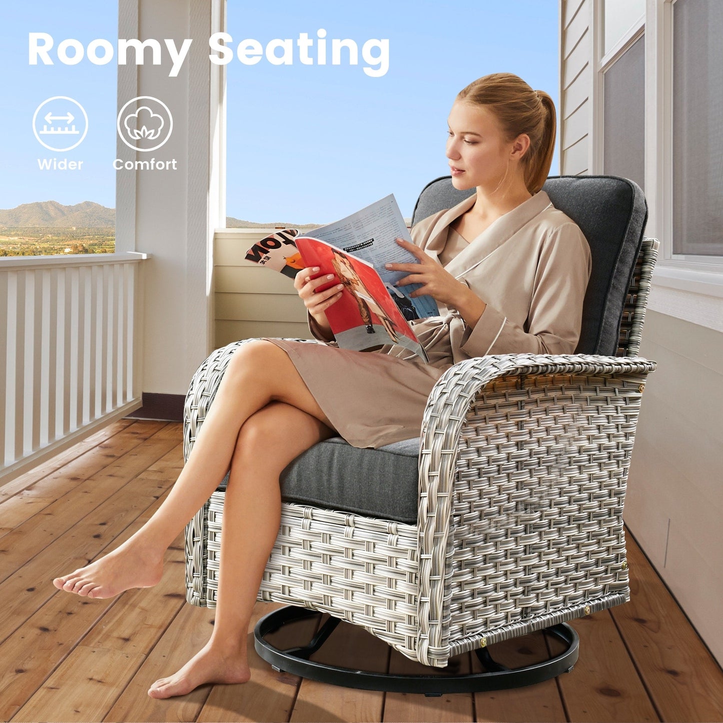 Ensemble de 9 chaises pivotantes d'extérieur en osier OVIOS avec table à feu