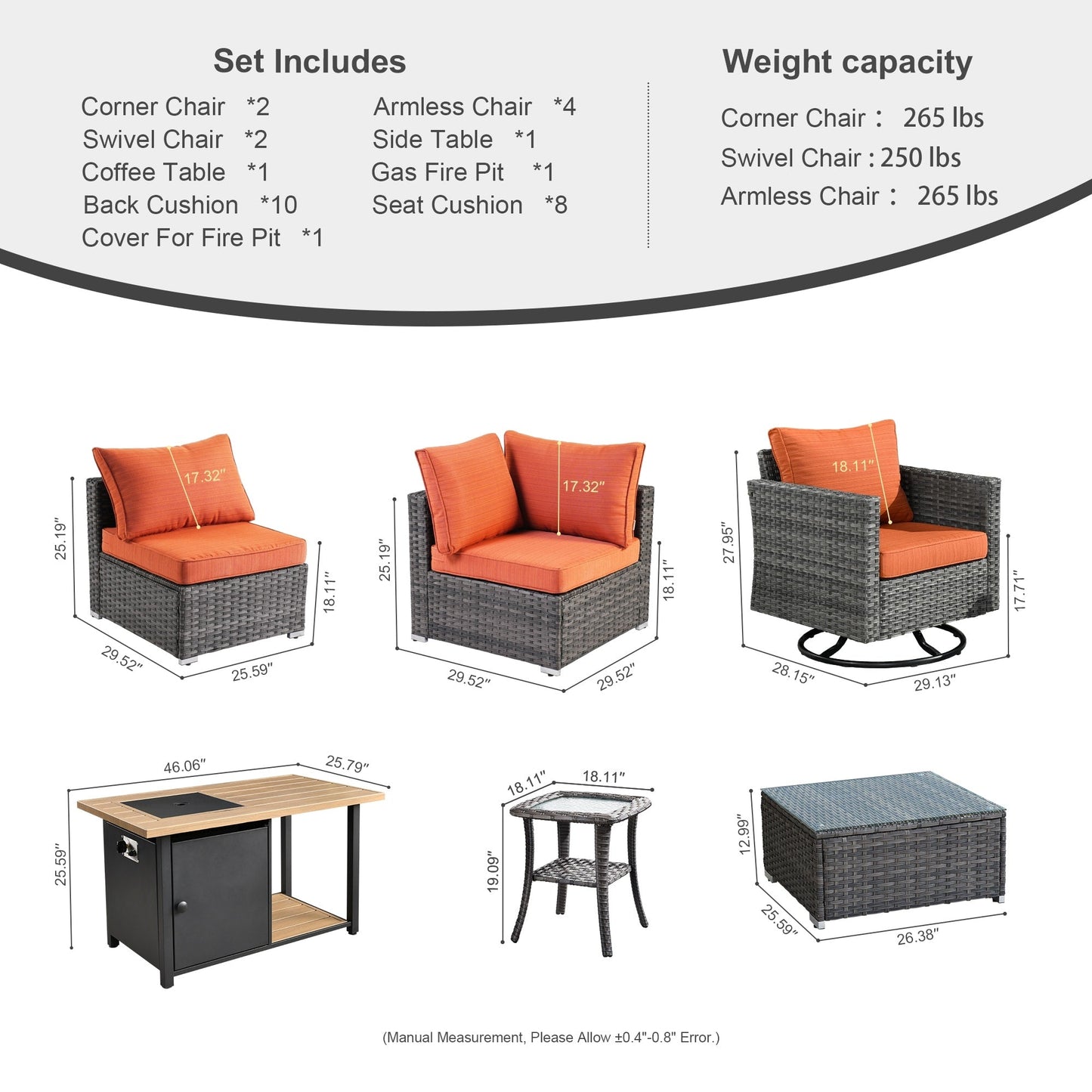 Ensemble de salon sectionnel OVIOS en osier à siège profond, 11 pièces, chaises pivotantes, foyer