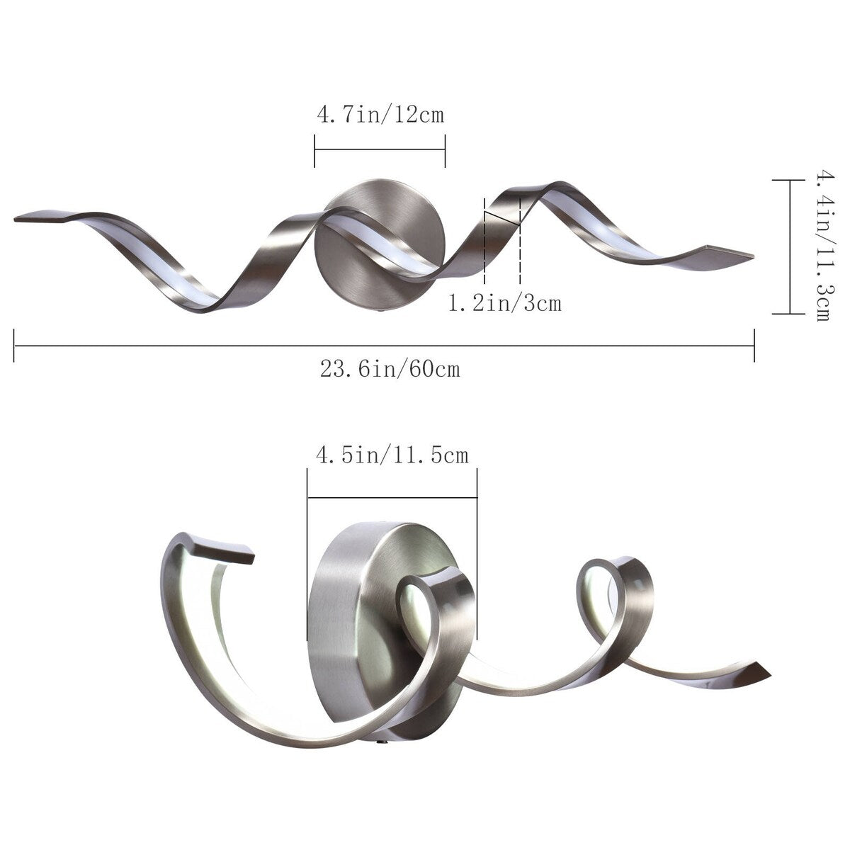 Applique murale LED moderne en spirale pour salle de bain, à intensité variable.