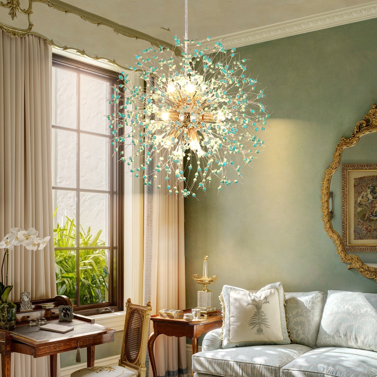 Lustre Sputnik moderne OYIPRO avec effet feu d'artifice et suspension en cristal