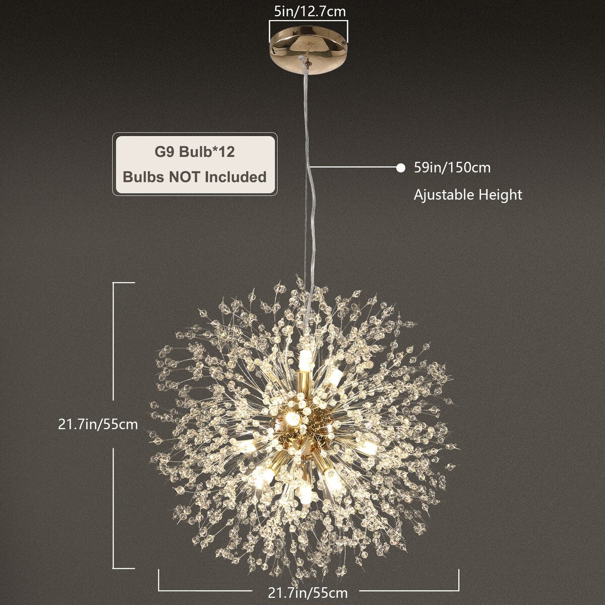 Lustre Sputnik moderne OYIPRO avec effet feu d'artifice et suspension en cristal