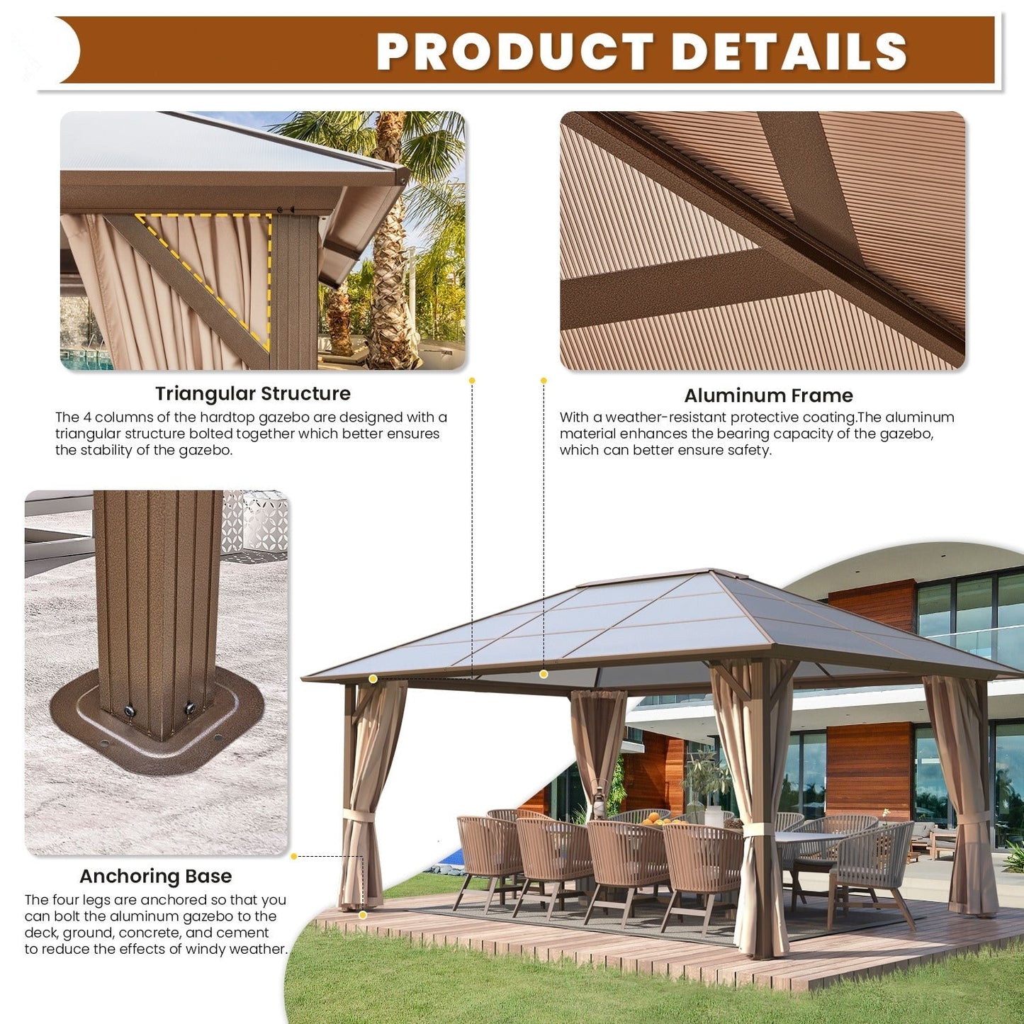 Gazebo à toit rigide EROMMY, pergola d'extérieur avec double toit, filet et rideaux, auvent robuste pour patio, arrière-cour, fête au bord de la piscine