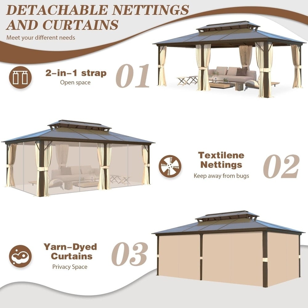 Gazebo à toit rigide EROMMY, pergola d'extérieur avec double toit, filet et rideaux, auvent robuste pour patio, arrière-cour, fête au bord de la piscine