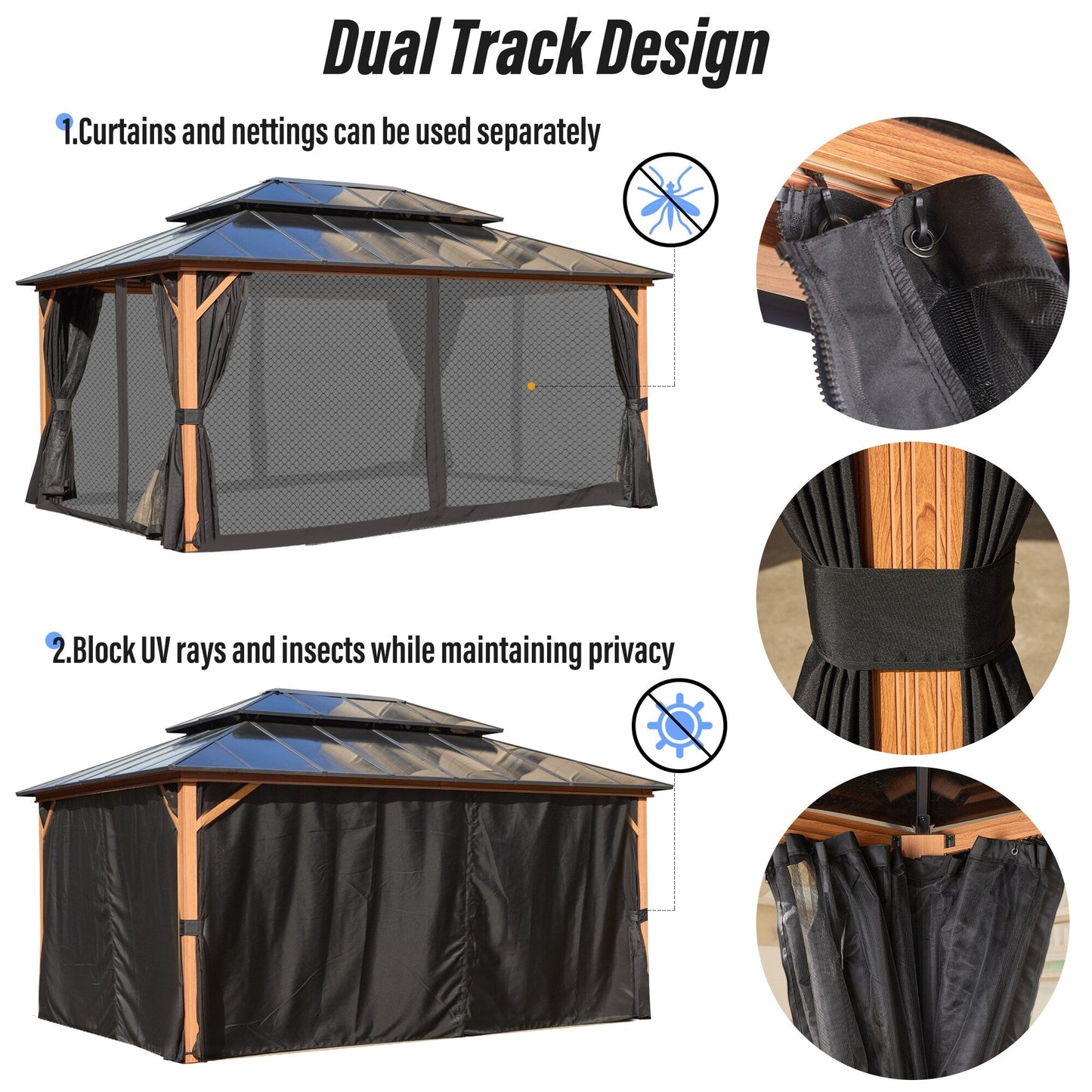 Gazebo à toit rigide EROMMY, pergola d'extérieur avec double toit, filet et rideaux, auvent robuste pour patio, arrière-cour, fête au bord de la piscine