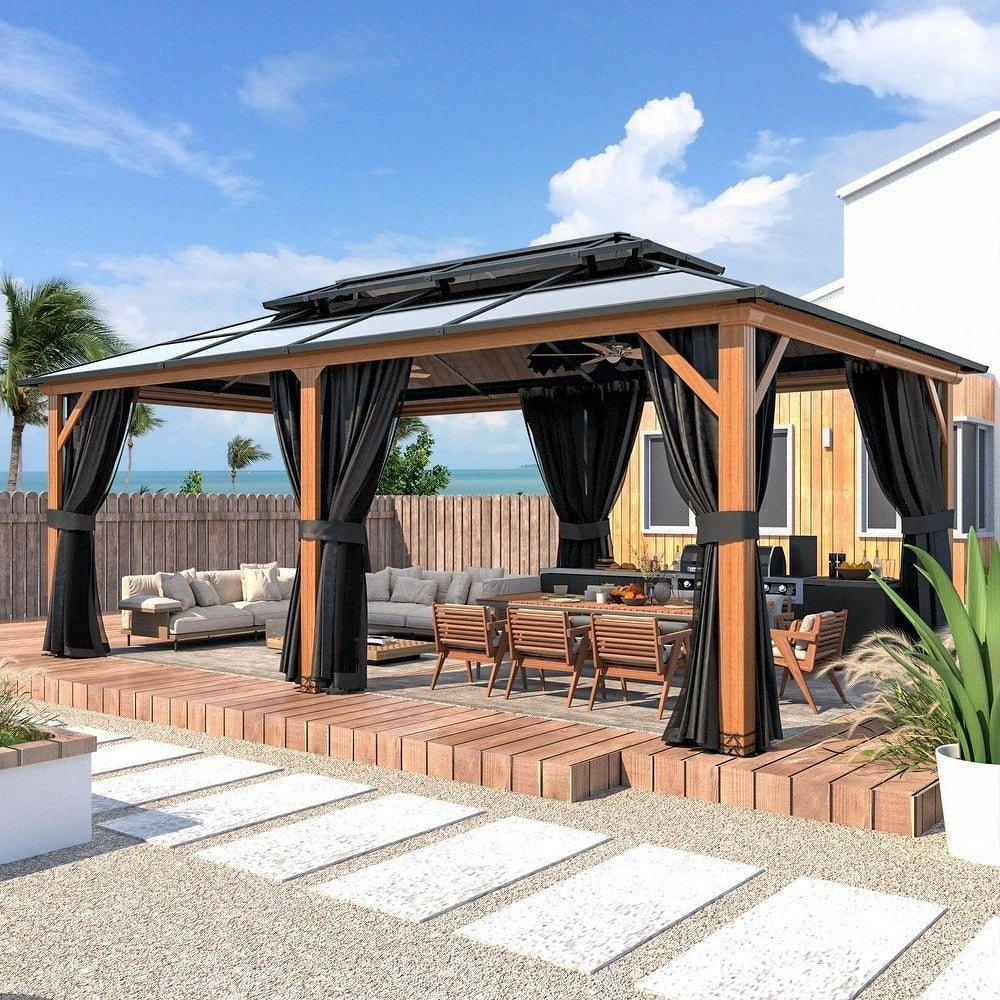 Gazebo à toit rigide EROMMY, pergola d'extérieur avec double toit, filet et rideaux, auvent robuste pour patio, arrière-cour, fête au bord de la piscine