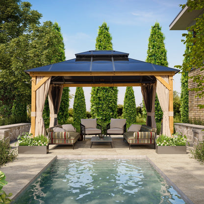 Gazebo à toit rigide EROMMY, pergola d'extérieur avec double toit, filet et rideaux, auvent robuste pour patio, arrière-cour, fête au bord de la piscine