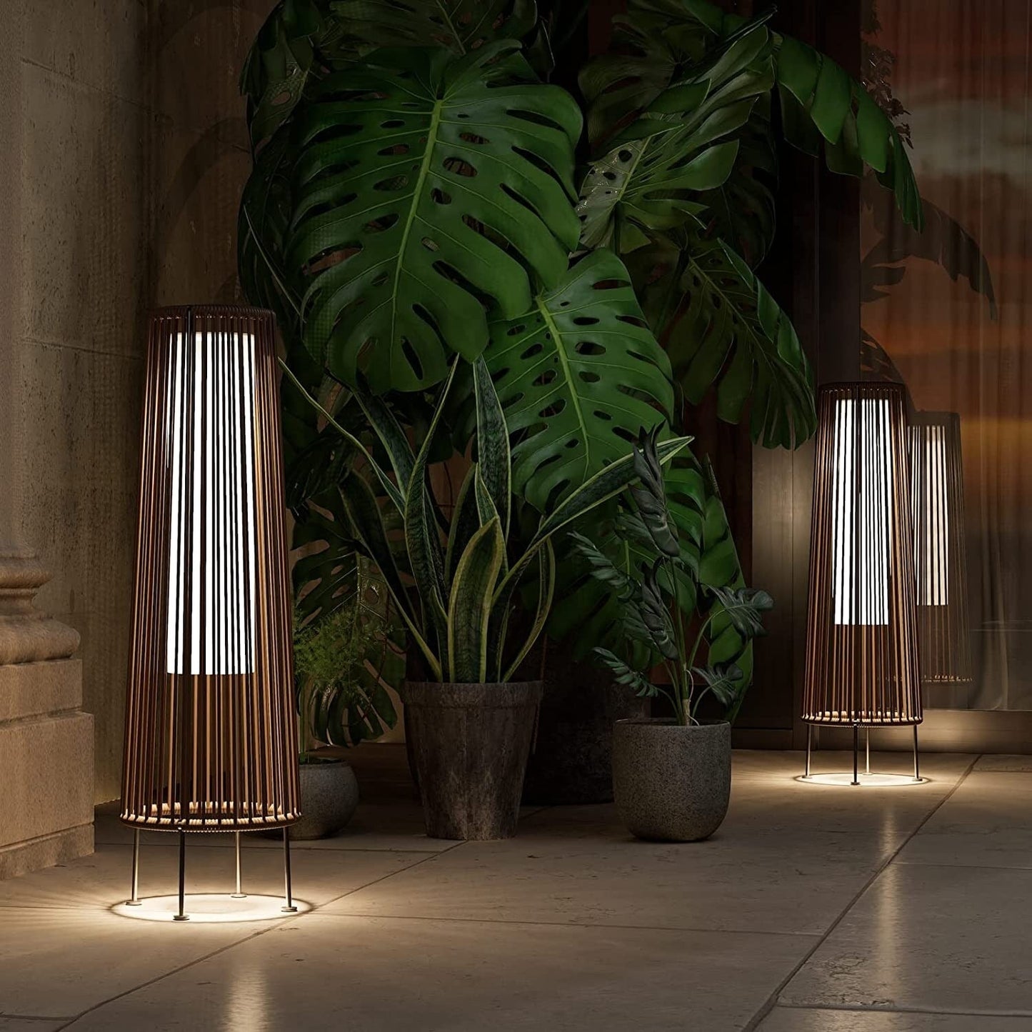 Lot de 2 lampes solaires d'extérieur sur pied, en osier résistant aux intempéries, étanches, pour terrasse, porche, jardin.