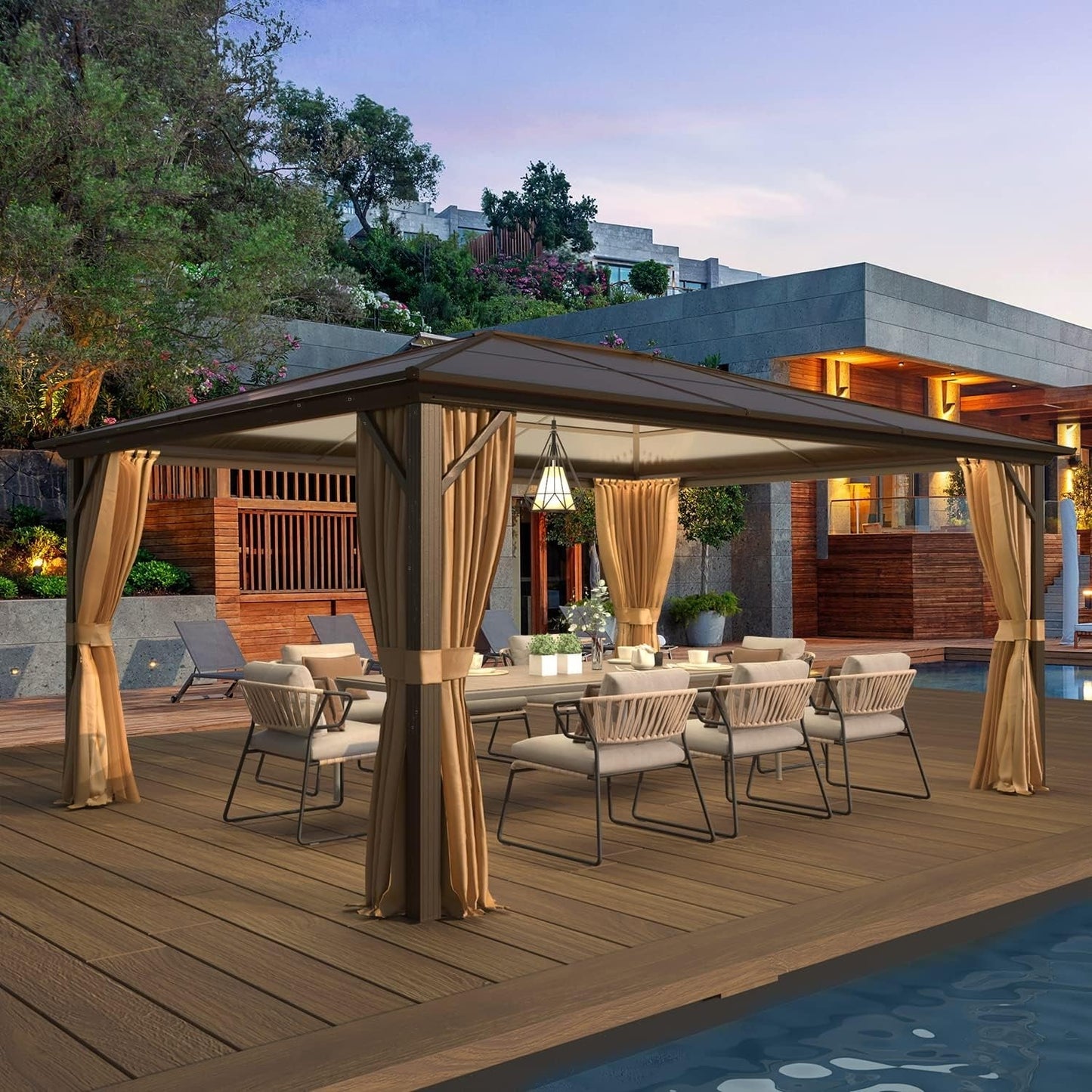 Tonnelle à toit rigide pour jardin – Pergola permanente avec filet, rideaux et double toit, abri extérieur toutes saisons