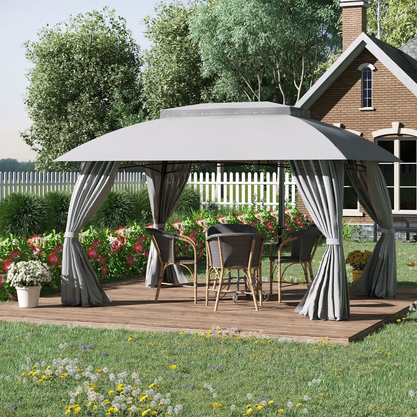 Gazebo de patio Outsunny 3 m x 4 m avec parois latérales, toit à double ventilation et structure en acier