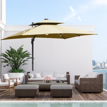Parasol de terrasse Outsunny de 3 m (10 pi) à LED solaires, parasol déporté avec rotation à 360°, base en croix, 8 baleines, inclinaison et manivelle