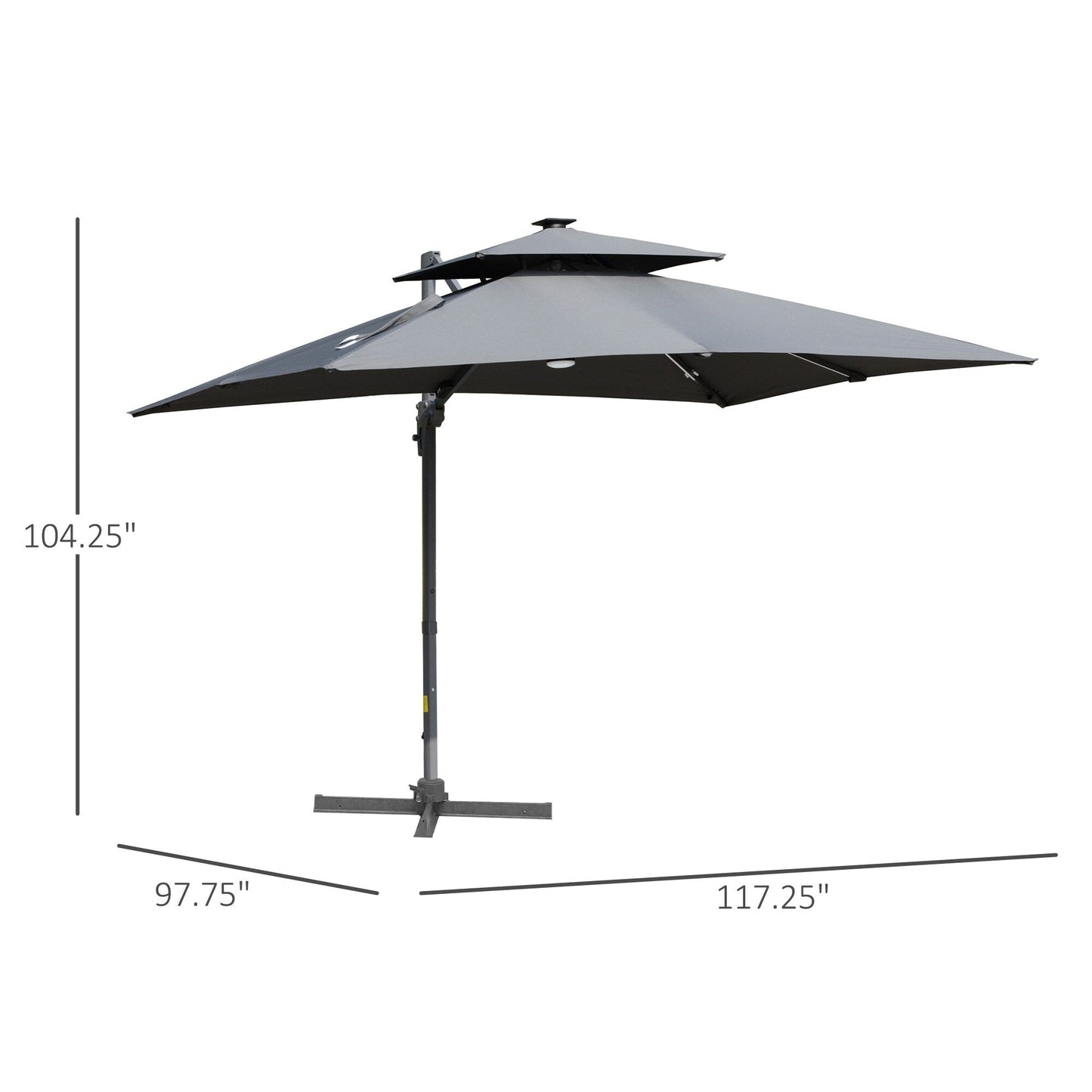 Parasol de terrasse Outsunny de 3 m (10 pi) à LED solaires, parasol déporté avec rotation à 360°, base en croix, 8 baleines, inclinaison et manivelle