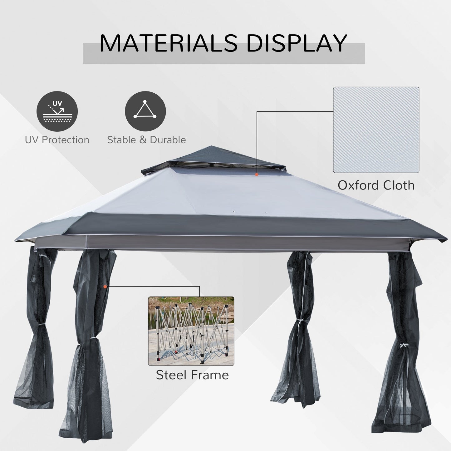 Abri pare-soleil instantané Outsunny 3,65 m x 3,65 m avec parois latérales en filet et hauteur réglable sur 3 niveaux