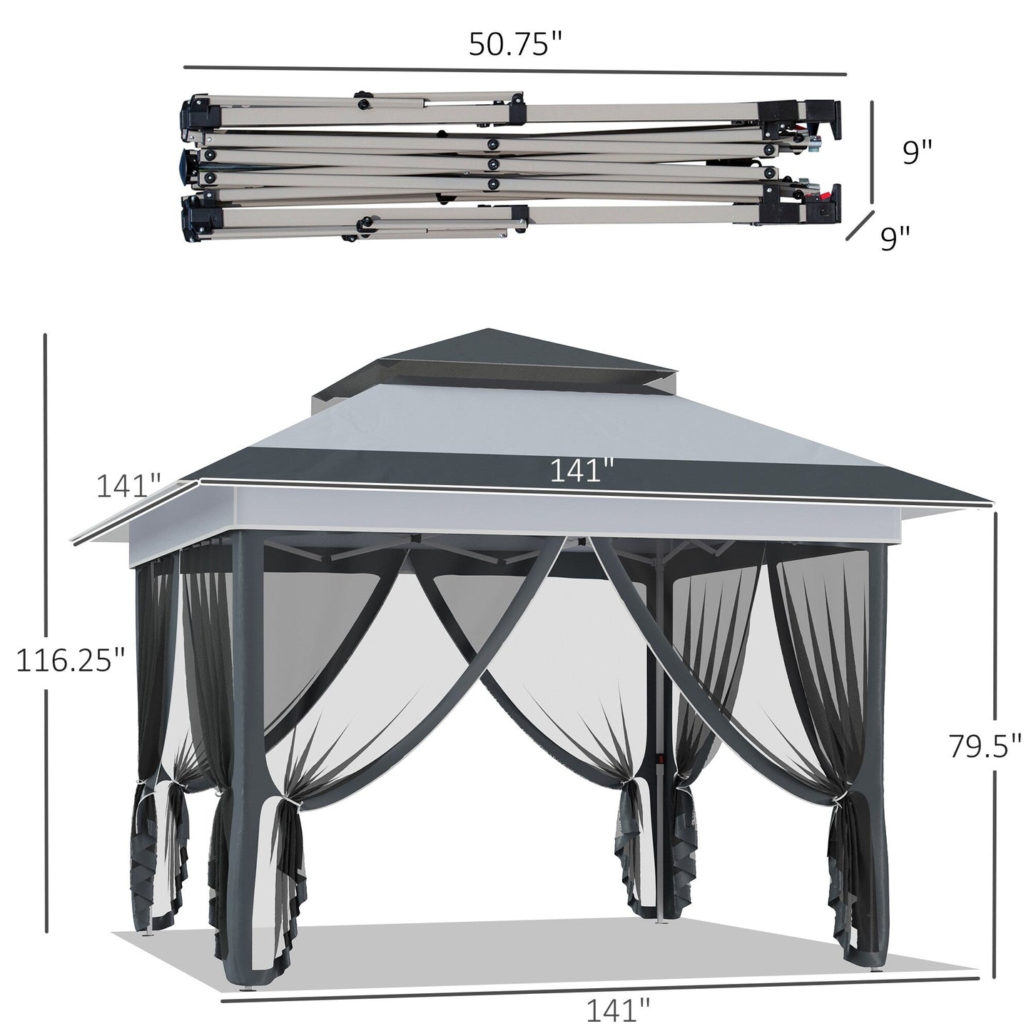 Abri pare-soleil instantané Outsunny 3,65 m x 3,65 m avec parois latérales en filet et hauteur réglable sur 3 niveaux