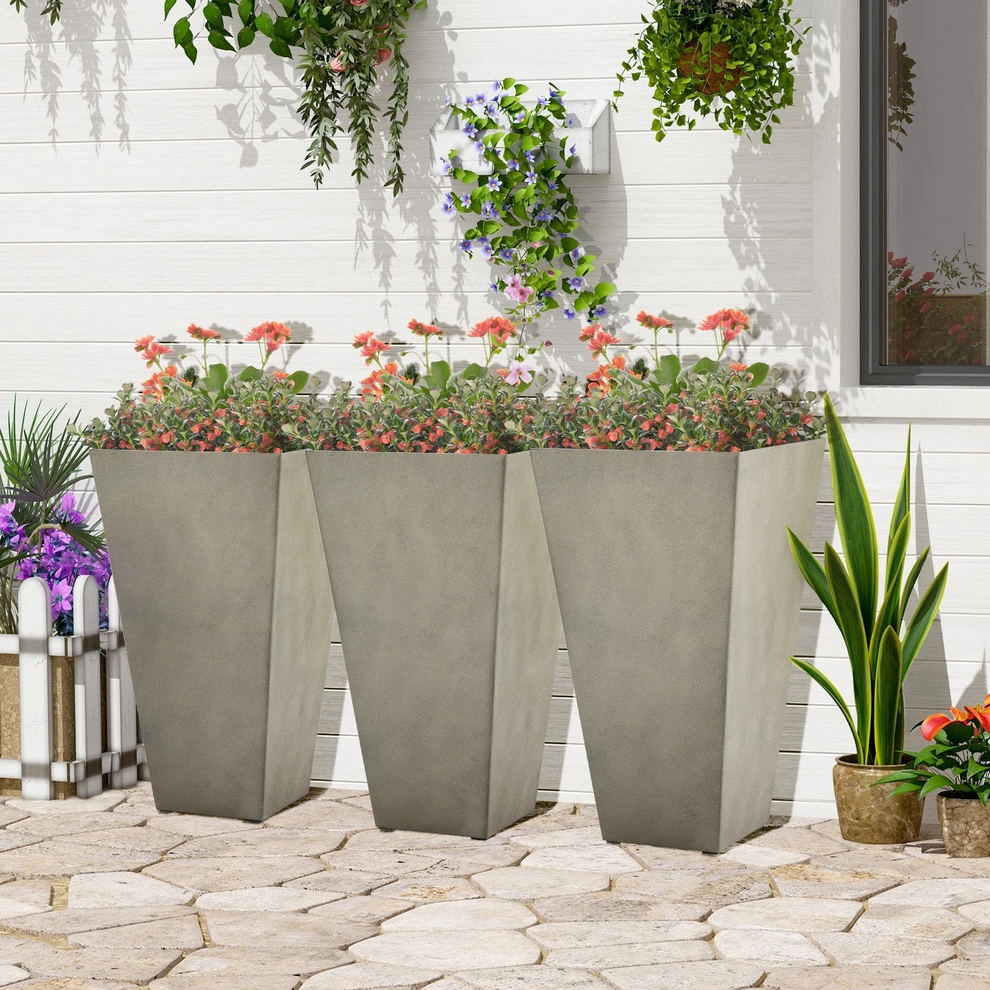 Ensemble de 3 pots de fleurs en plastique Outsunny de 71 cm de haut, grands pots de jardin en plastique pour l'intérieur et l'extérieur, pour l'entrée, la terrasse et le jardin.