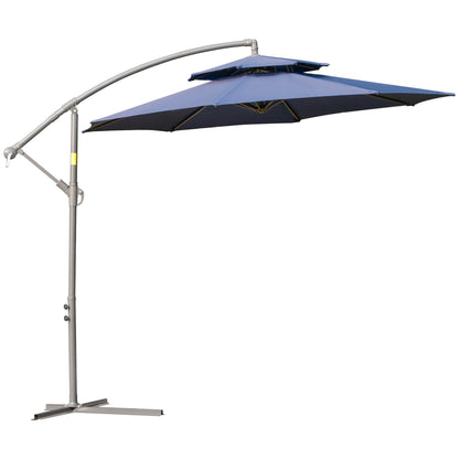 Parasol déporté Outsunny 9' à 2 niveaux avec manivelle, base en croix et 8 baleines, pour jardin et terrasse.