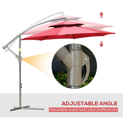 Parasol déporté Outsunny 9' à 2 niveaux avec manivelle, base en croix et 8 baleines, pour jardin et terrasse.