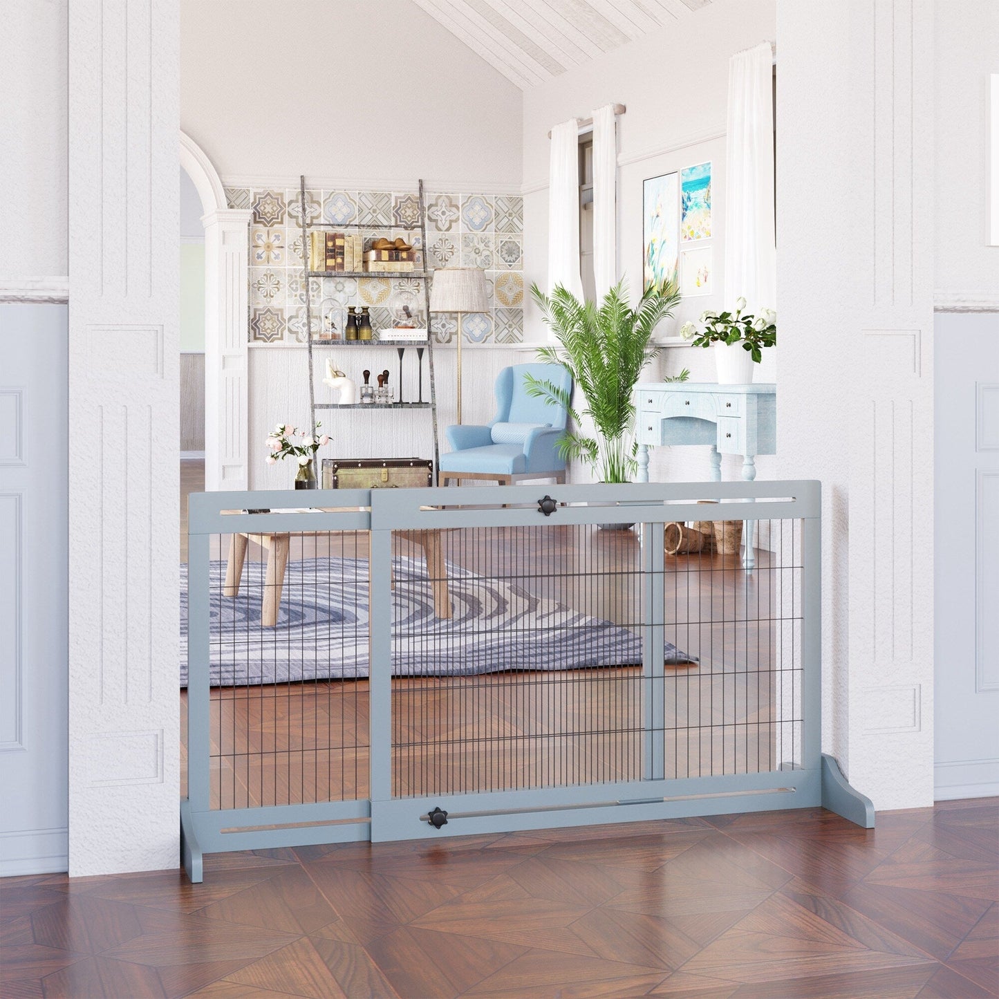 Barrière pour animaux de compagnie PawHut 72 extra large, autoportante, avec longueur réglable, pour petits chiens et bébés, idéale pour la maison, les portes et les couloirs, grise.