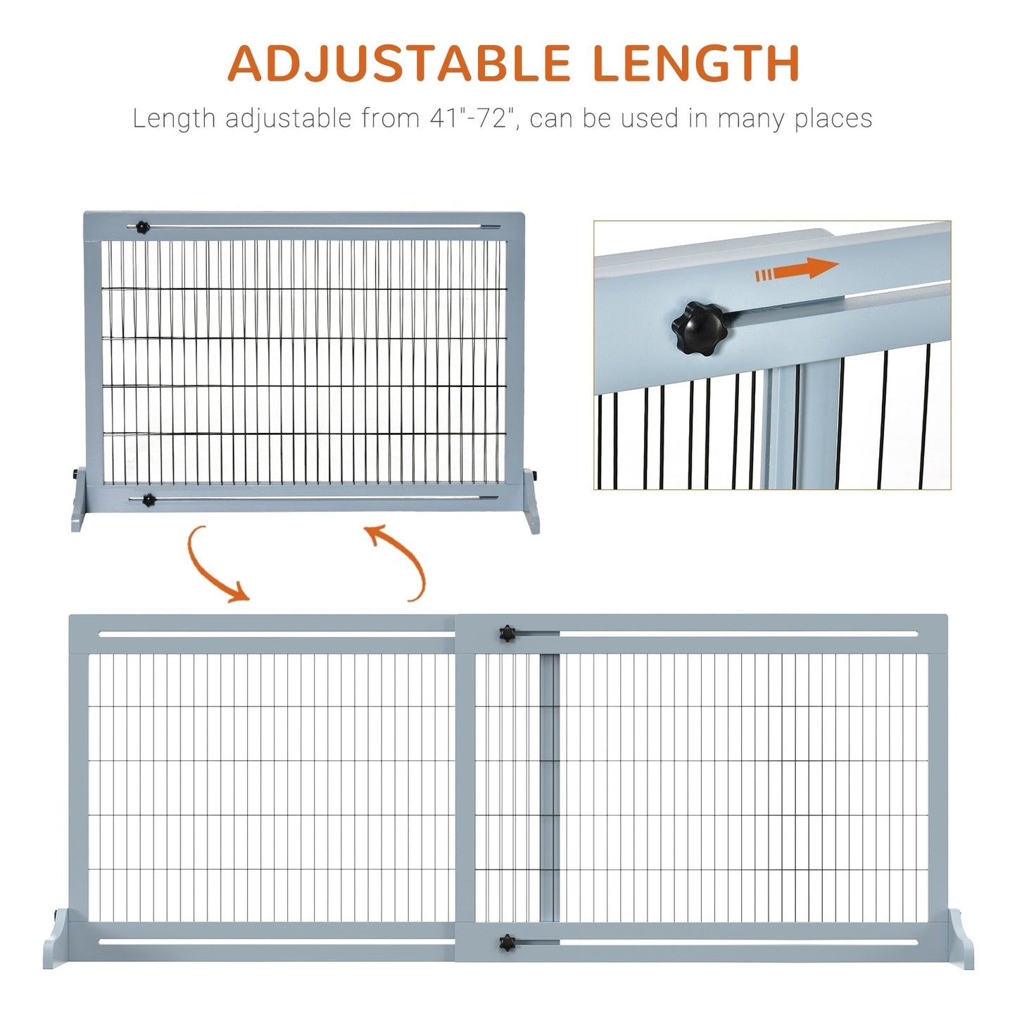 Barrière pour animaux de compagnie PawHut 72 extra large, autoportante, avec longueur réglable, pour petits chiens et bébés, idéale pour la maison, les portes et les couloirs, grise.