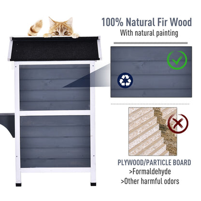 Niche extérieure à deux étages en bois de sapin PawHut, abri pour chats errants avec toit en asphalte ouvrable, pour une utilisation intérieure/extérieure, blanc/gris