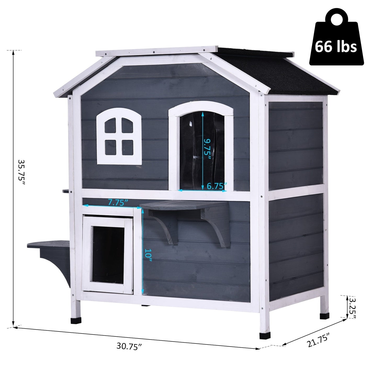 Niche extérieure à deux étages en bois de sapin PawHut, abri pour chats errants avec toit en asphalte ouvrable, pour une utilisation intérieure/extérieure, blanc/gris