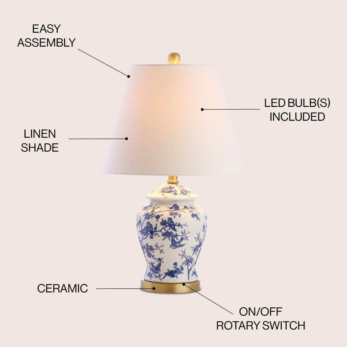 Lampe de table LED Penelope 22 Chinoiserie, bleu/blanc, par JONATHAN Y