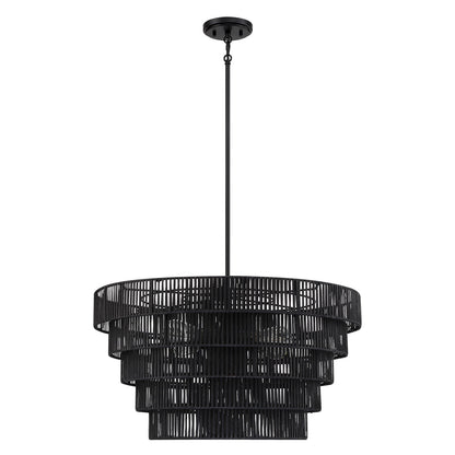 Lustre Piersan à 5 lumières de style bohème moderne avec abat-jour étagé en rotin - 66 cm de large