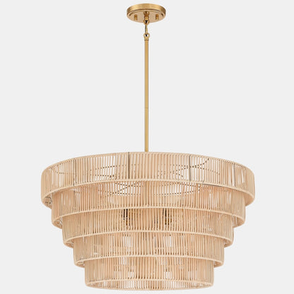 Lustre Piersan à 5 lumières de style bohème moderne avec abat-jour étagé en rotin - 66 cm de large