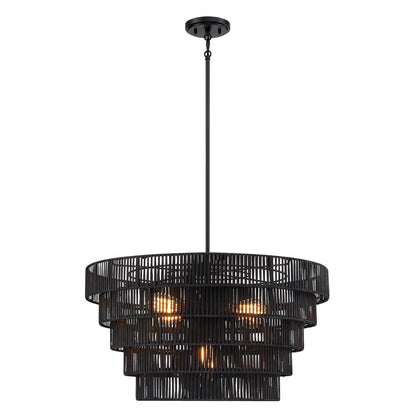 Lustre Piersan à 5 lumières de style bohème moderne avec abat-jour étagé en rotin - 66 cm de large