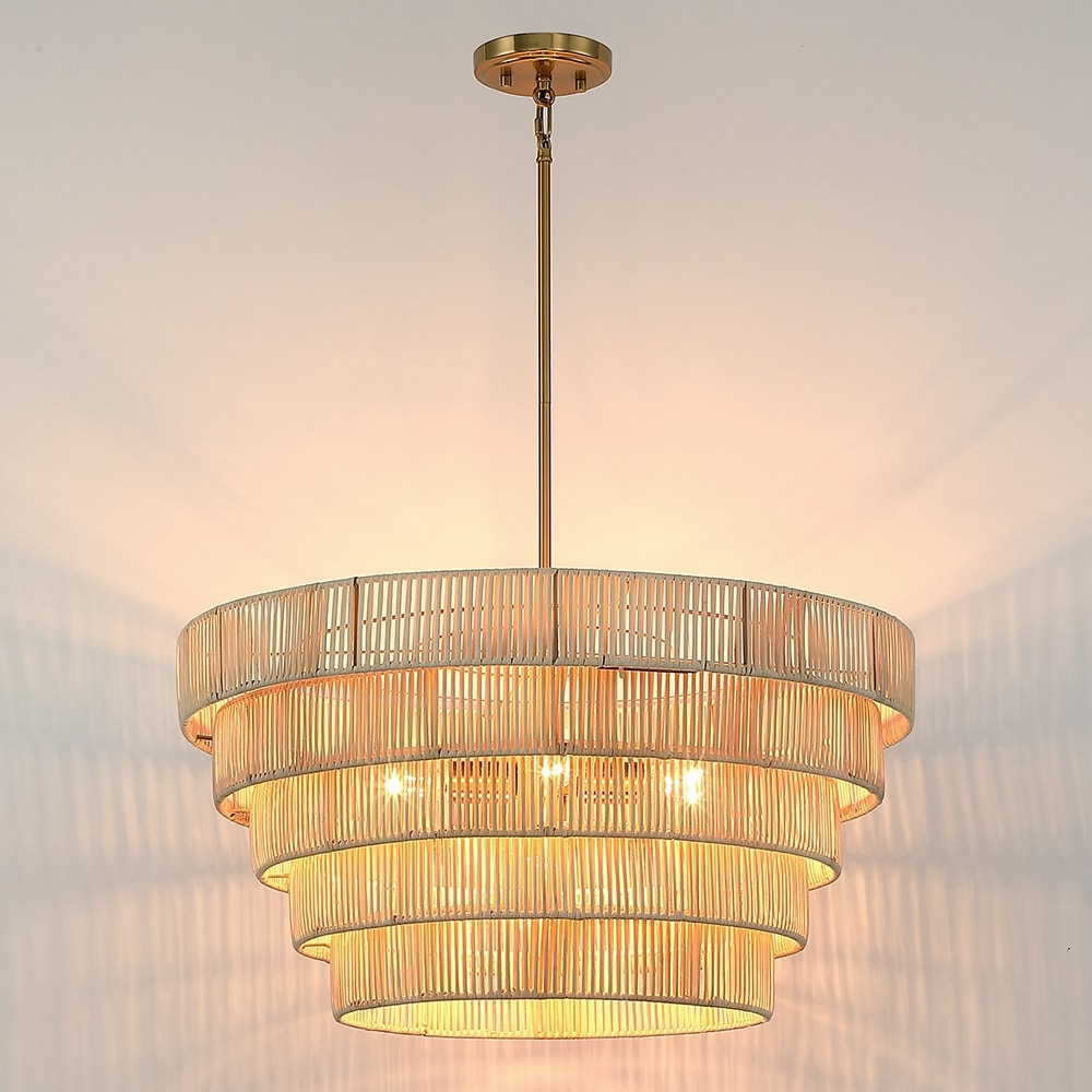 Lustre Piersan à 5 lumières de style bohème moderne avec abat-jour étagé en rotin - 66 cm de large