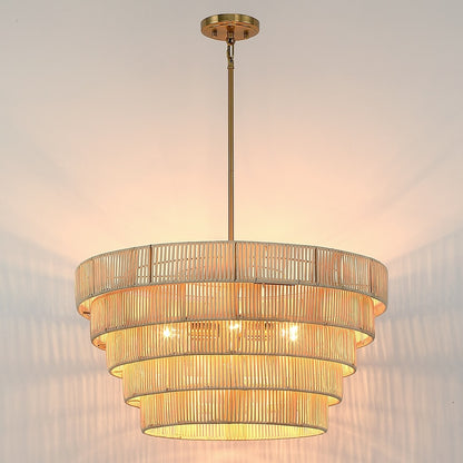 Lustre Piersan à 5 lumières de style bohème moderne avec abat-jour étagé en rotin - 66 cm de large
