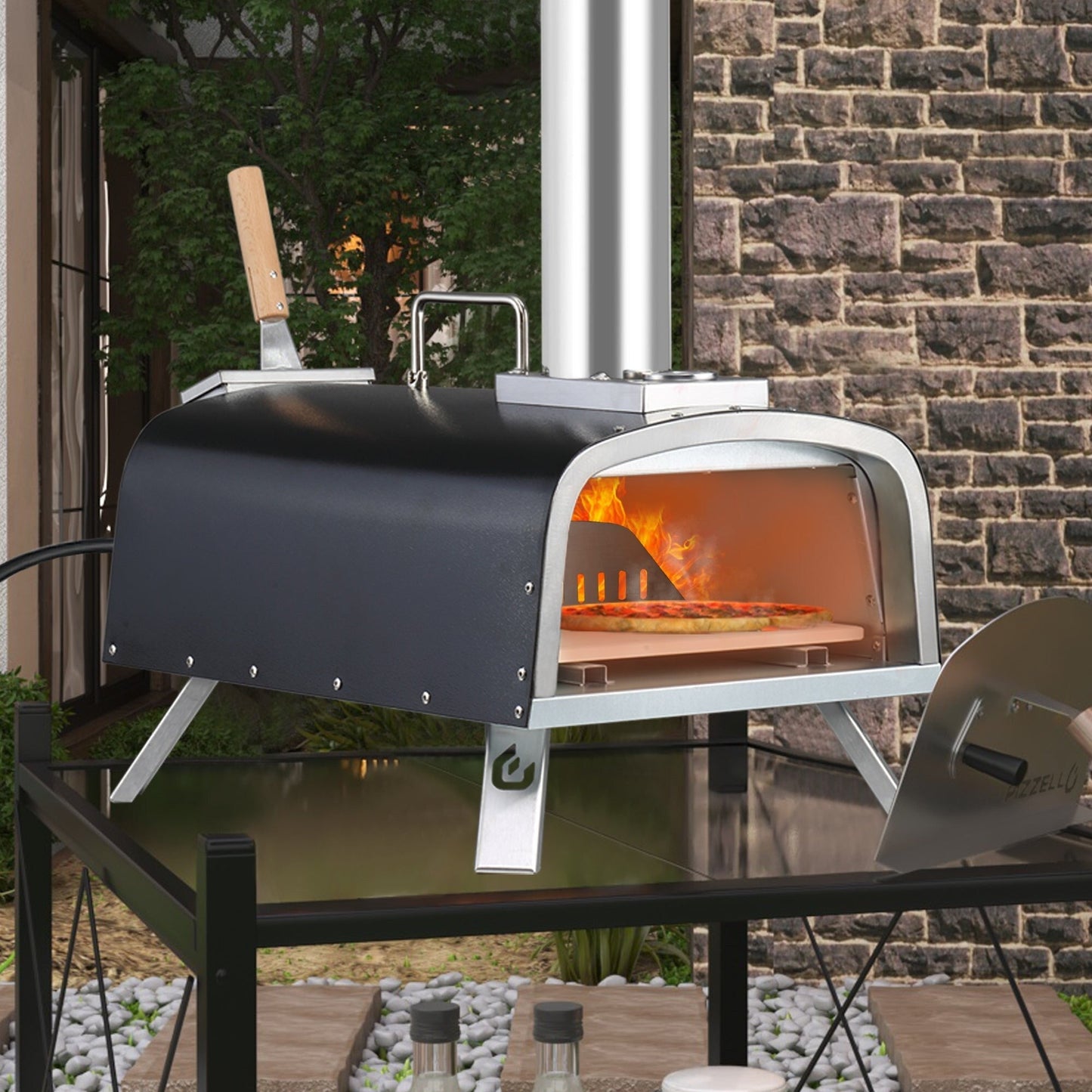 Four à pizza extérieur multi-combustibles avec brûleur à gaz et boîte à bois - 30 cm