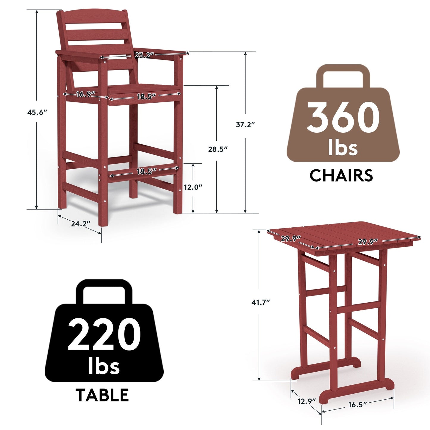 Ensemble de 3 chaises hautes Adirondack en plastique pour patio