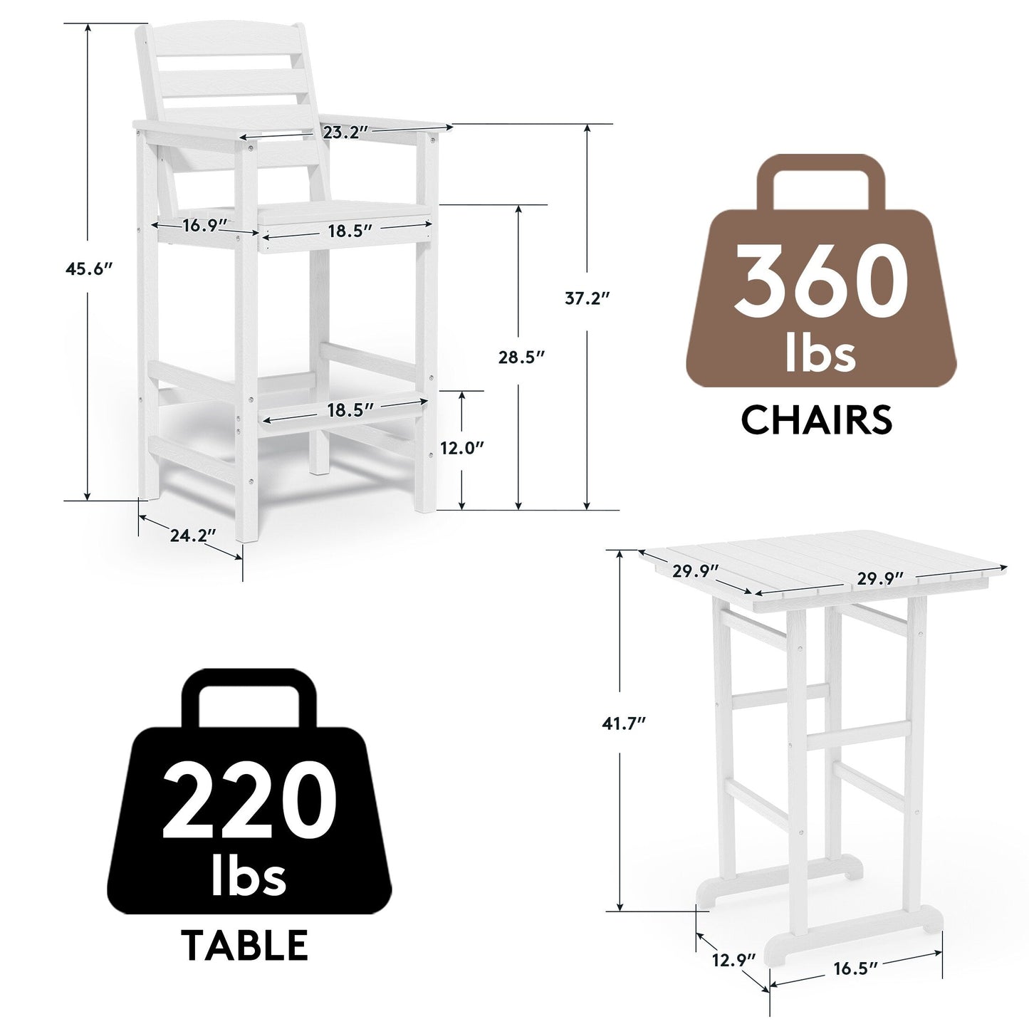 Ensemble de 3 chaises hautes Adirondack en plastique pour patio