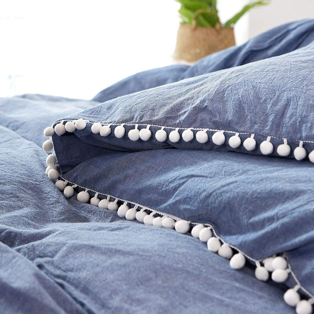 Ensemble de housse de couette réversible en coton à pompons