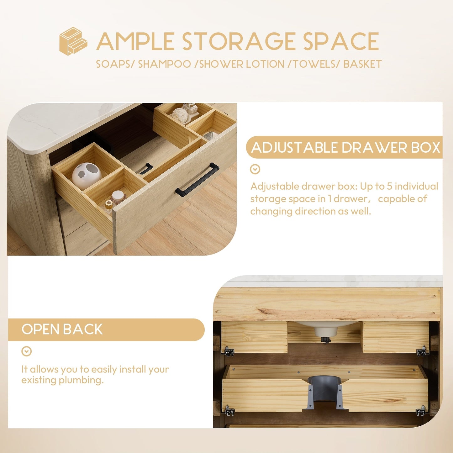 Meuble-lavabo Porto avec plateau en quartz blanc, sans miroir.