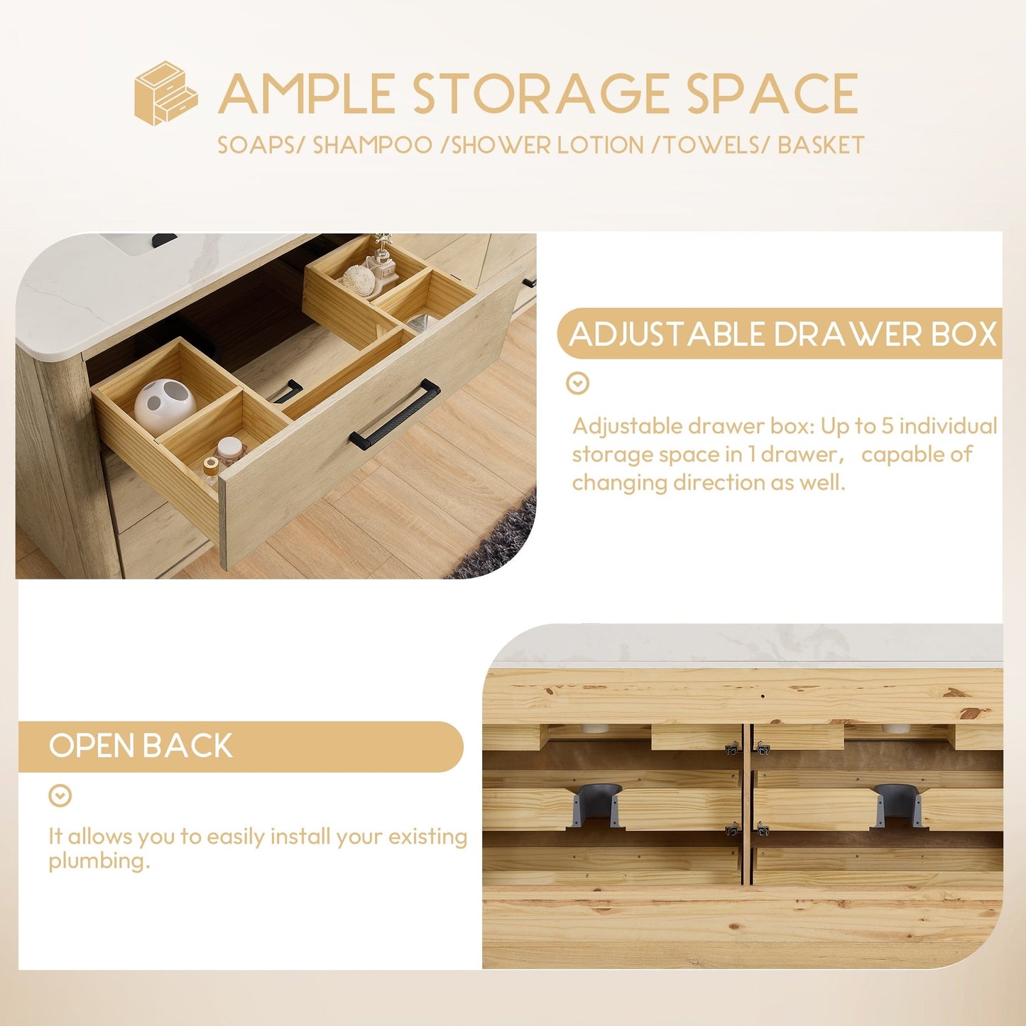 Meuble-lavabo Porto avec plateau en quartz blanc, sans miroir.