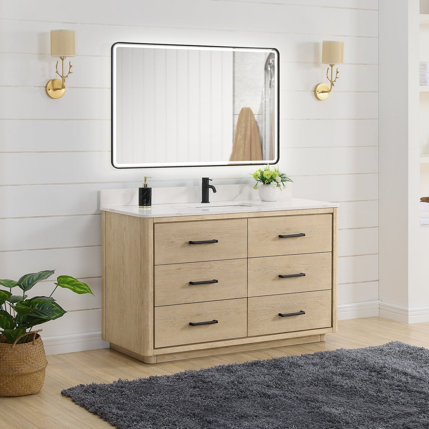 Meuble-lavabo Porto avec plateau en quartz blanc, sans miroir.
