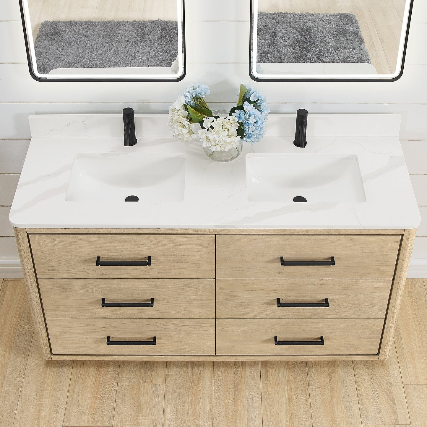 Meuble-lavabo Porto avec plateau en quartz blanc, sans miroir.