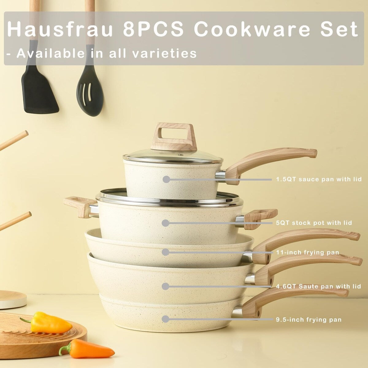 Ensemble de casseroles et poêles antiadhésives, batterie de cuisine en céramique antiadhésive comprenant poêle à frire, casserole, sauteuse et cocotte.