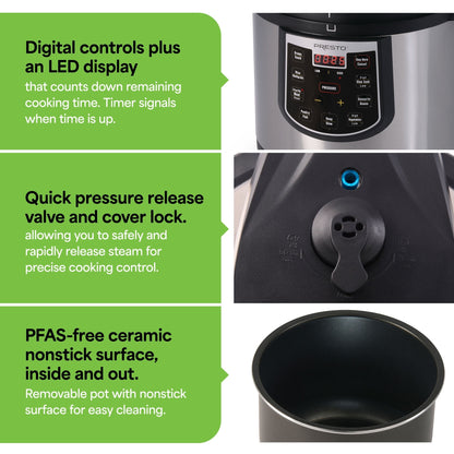 Autocuiseur électrique Presto 02141 6 L avec mijoteuse programmable, argent