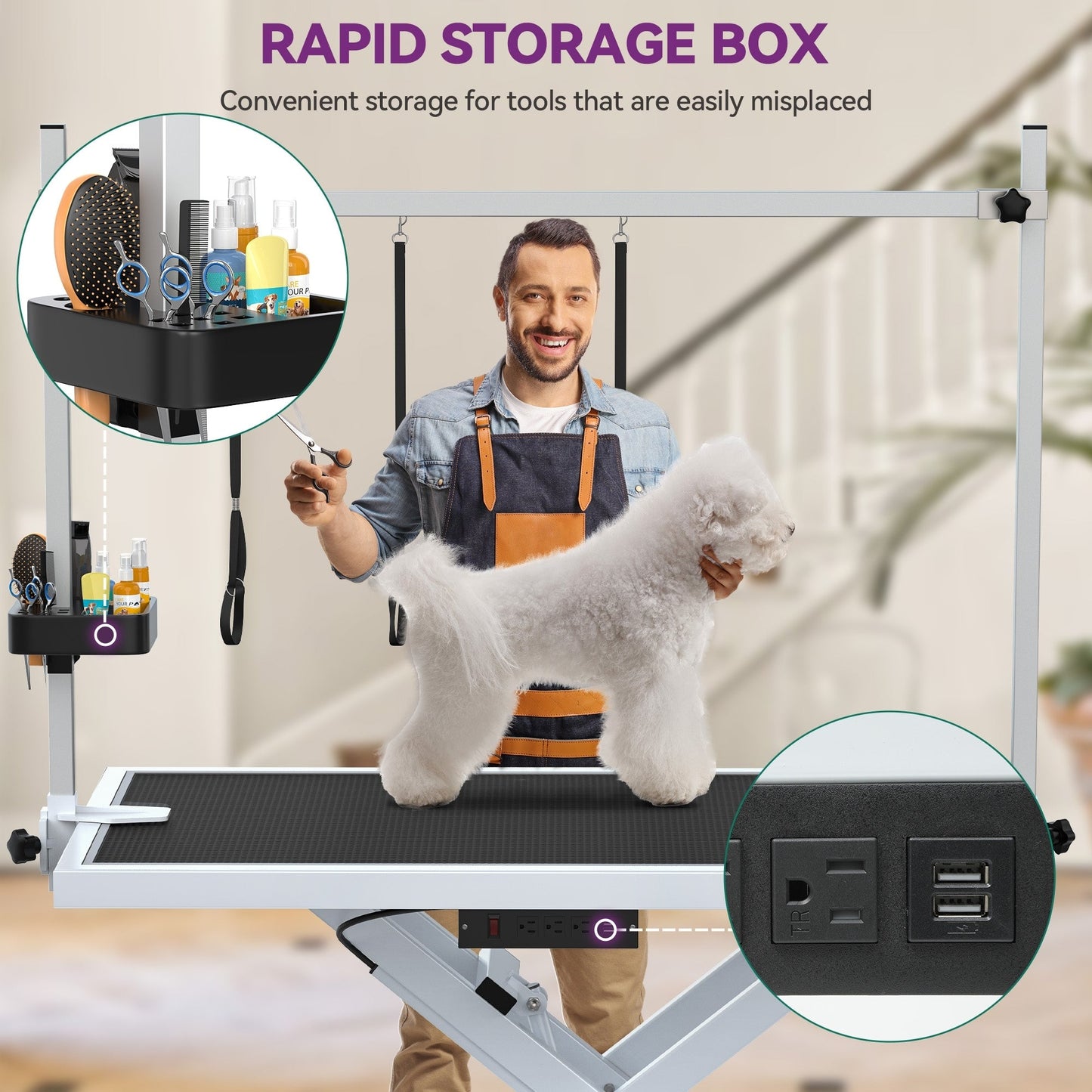 Table de toilettage électrique professionnelle pour grands chiens, robuste et équipée d'un bras de toilettage en aluminium - 127 cm (50 po) de large