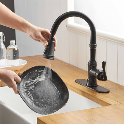 Robinet de cuisine moderne monotrou avec douchette extractible et plaque de montage.
