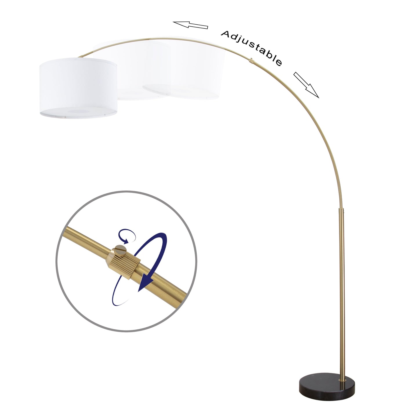 Lampadaire Q-Max 81 en acier, orientable et arqué, avec abat-jour extra large et base en marbre