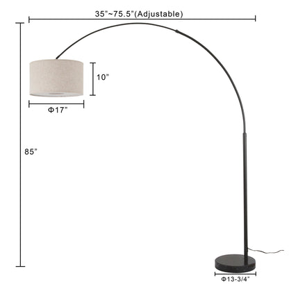 Lampadaire Q-Max 81 en acier, orientable et arqué, avec abat-jour extra large et base en marbre