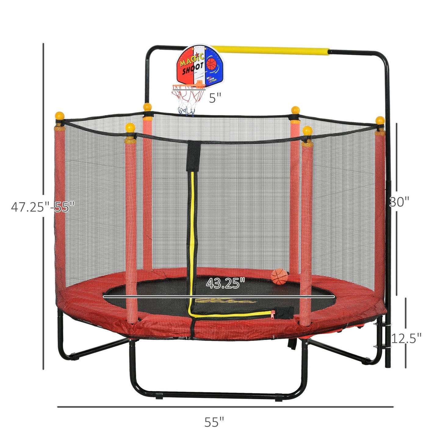 Trampoline Qaba 4,6' pour enfants avec panier de basket, barre horizontale, trampoline d'intérieur 55 pouces avec filet