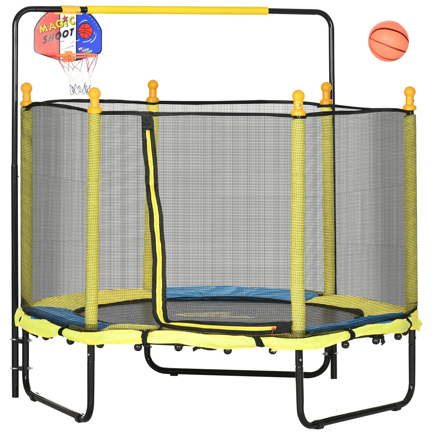 Trampoline Qaba 4,6' pour enfants avec panier de basket, barre horizontale, trampoline d'intérieur 55 pouces avec filet