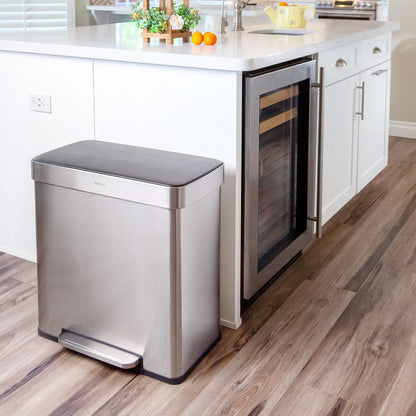 Qualiazero Poubelle rectangulaire à pédale de recyclage 16 gal (8 gal double unité) - Acier inoxydable
