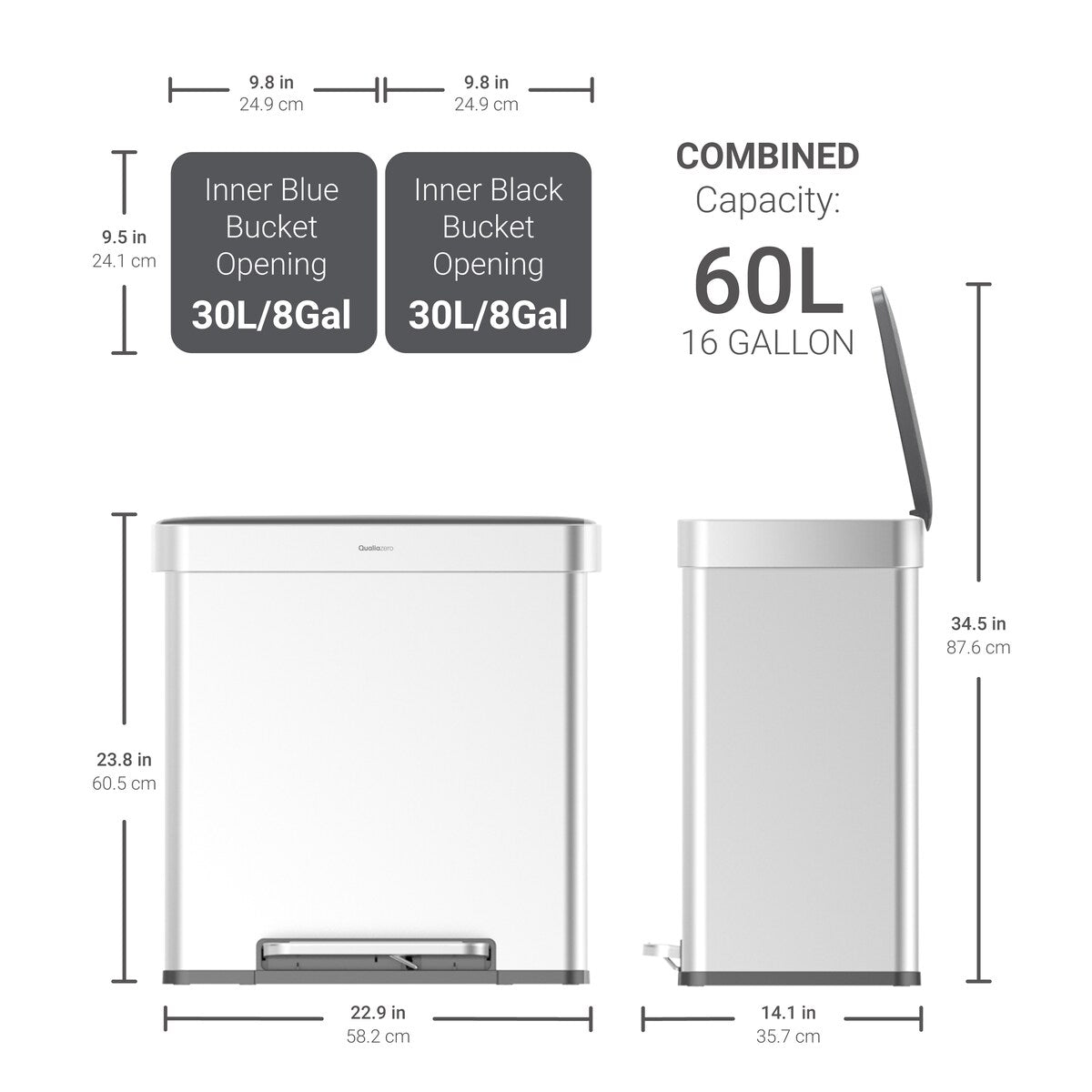 Qualiazero Poubelle rectangulaire à pédale de recyclage 16 gal (8 gal double unité) - Acier inoxydable